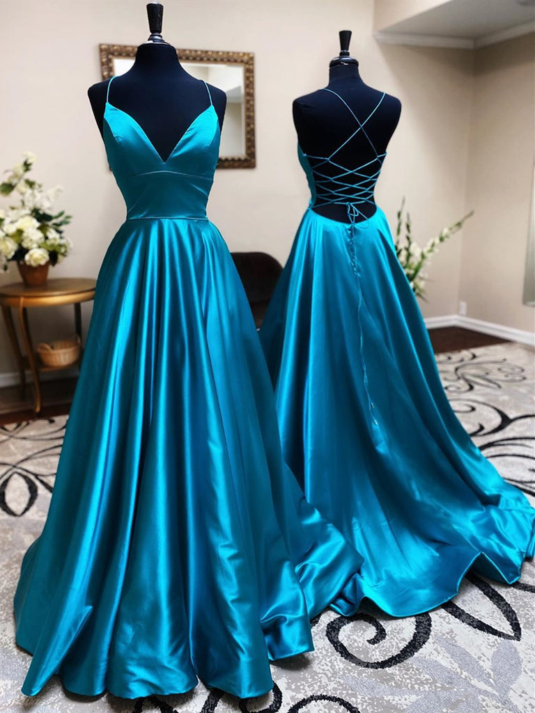 V Neck Backless Teal Long Prom Dresses ...